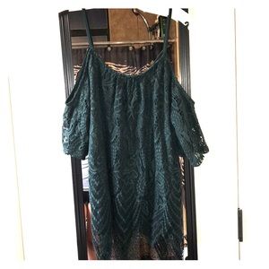 Cold shoulder dark green lace top